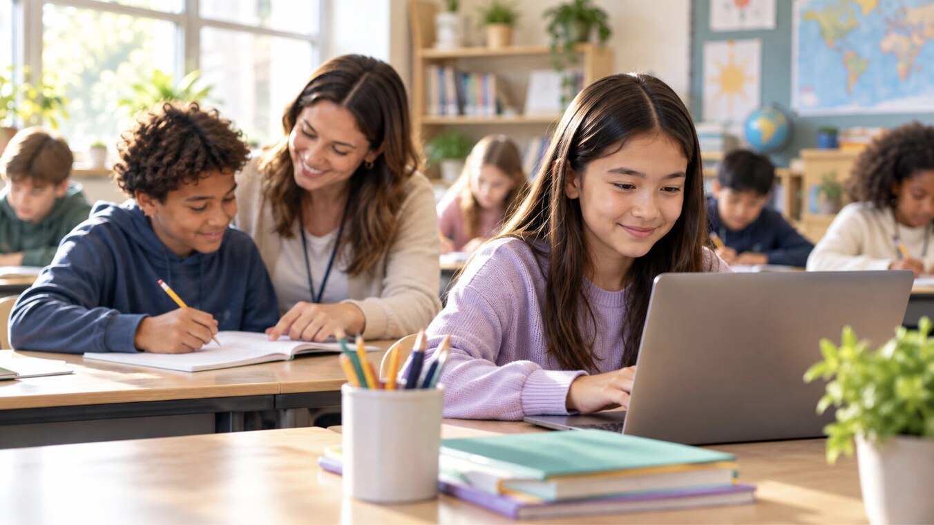 Classroom illustration created with AI: a teacher supports a student writing while another student uses a laptop.